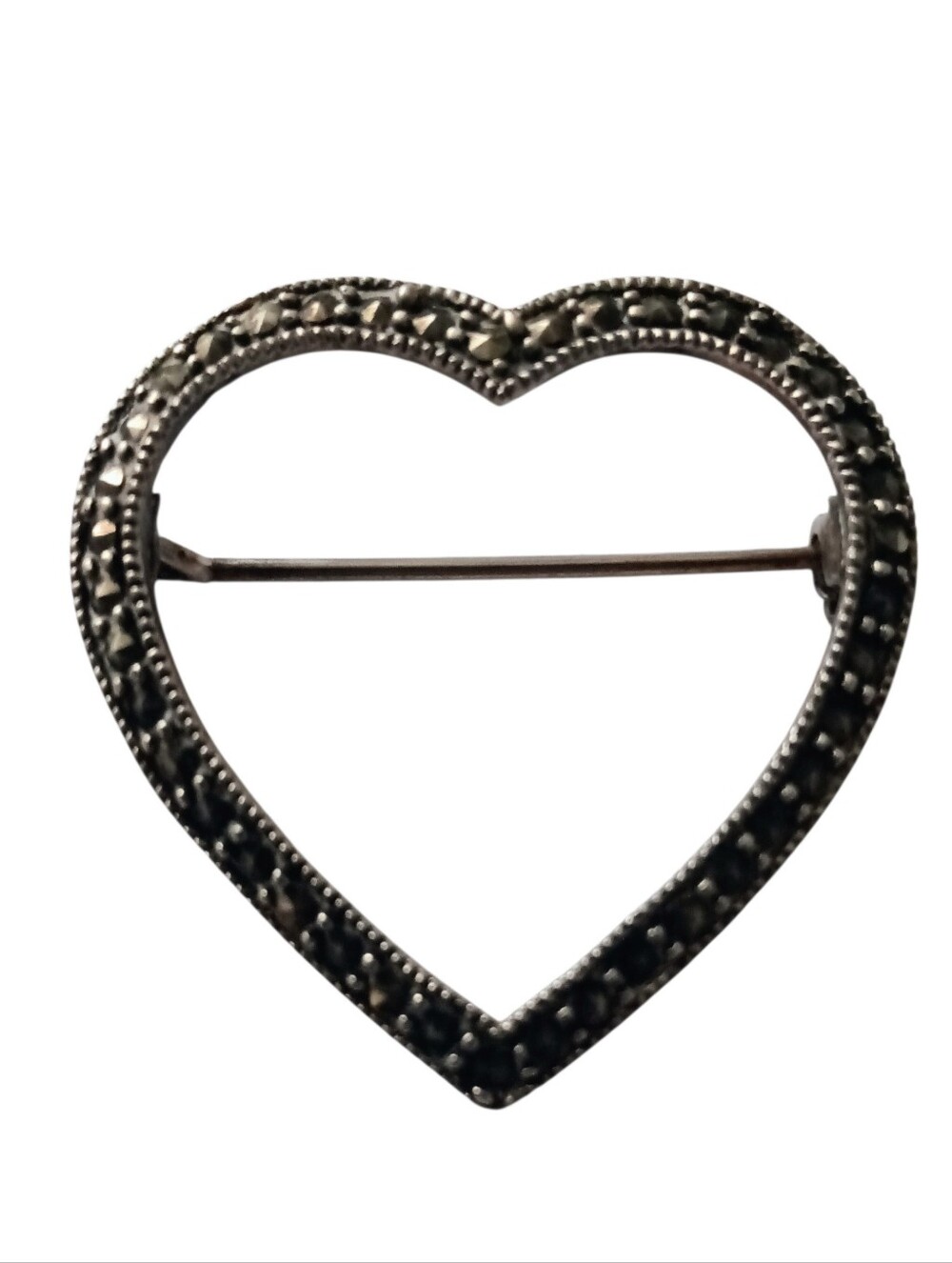 VTG 925 Sterling Silver Marcasite Open Heart Brooch